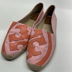 Tory Burch Lonnie Espadrille Flats Slip On Canvas Jute Shoes Pink Tan Size 9.5